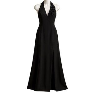 Miss Max Black Halter Evening Gown with Floral Appliqué Size 44 L